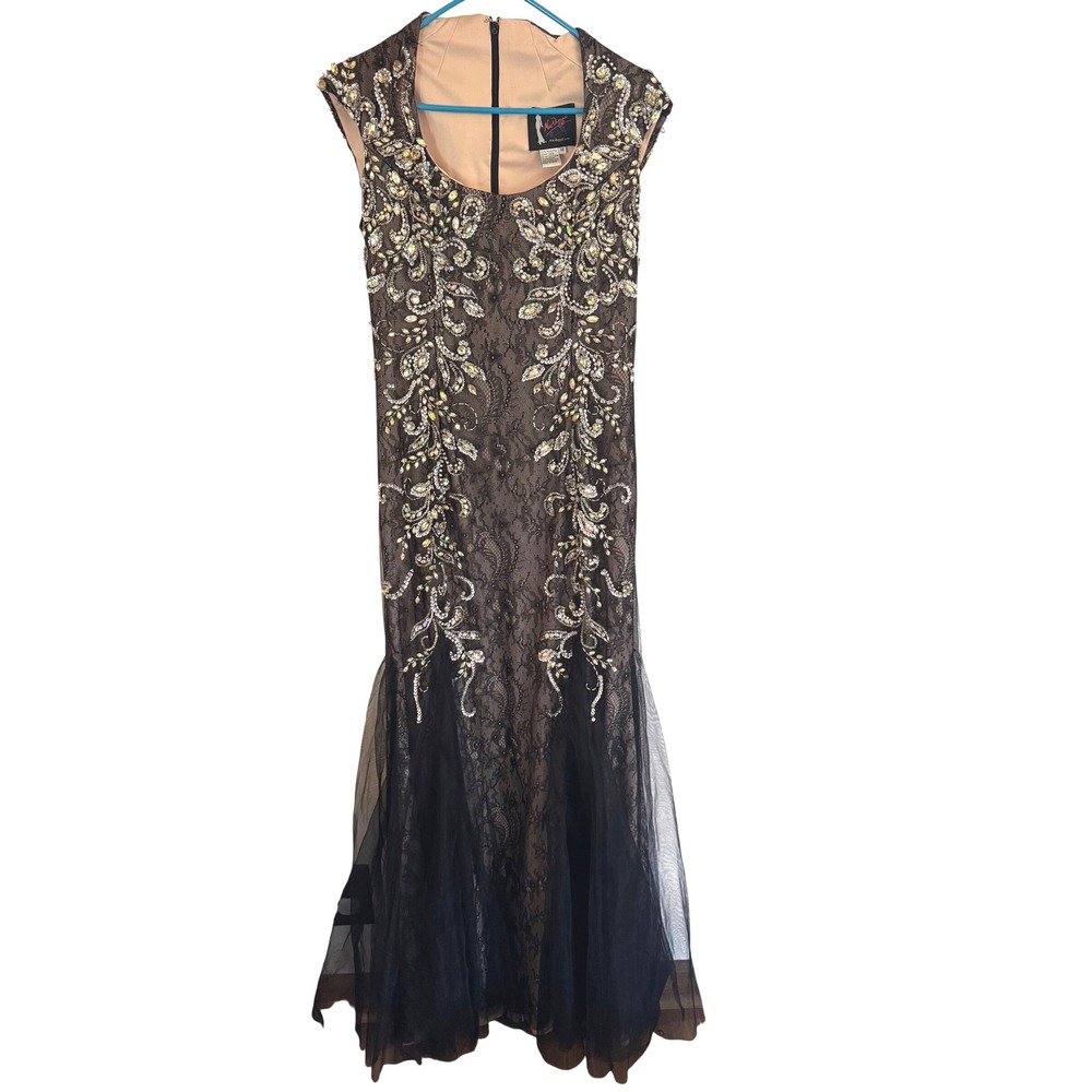 Mac Duggal Junior/Teen 14 Black Lace Beaded Embellished Mermaid Gown Formal Prom